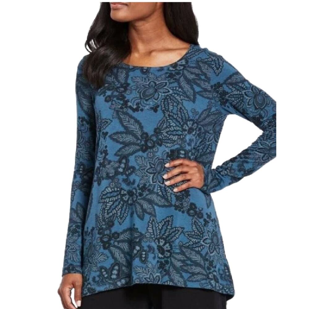 Bryn Walker Gabo Floral French Terry Long Sleeve Tunic Joust Teal Blue